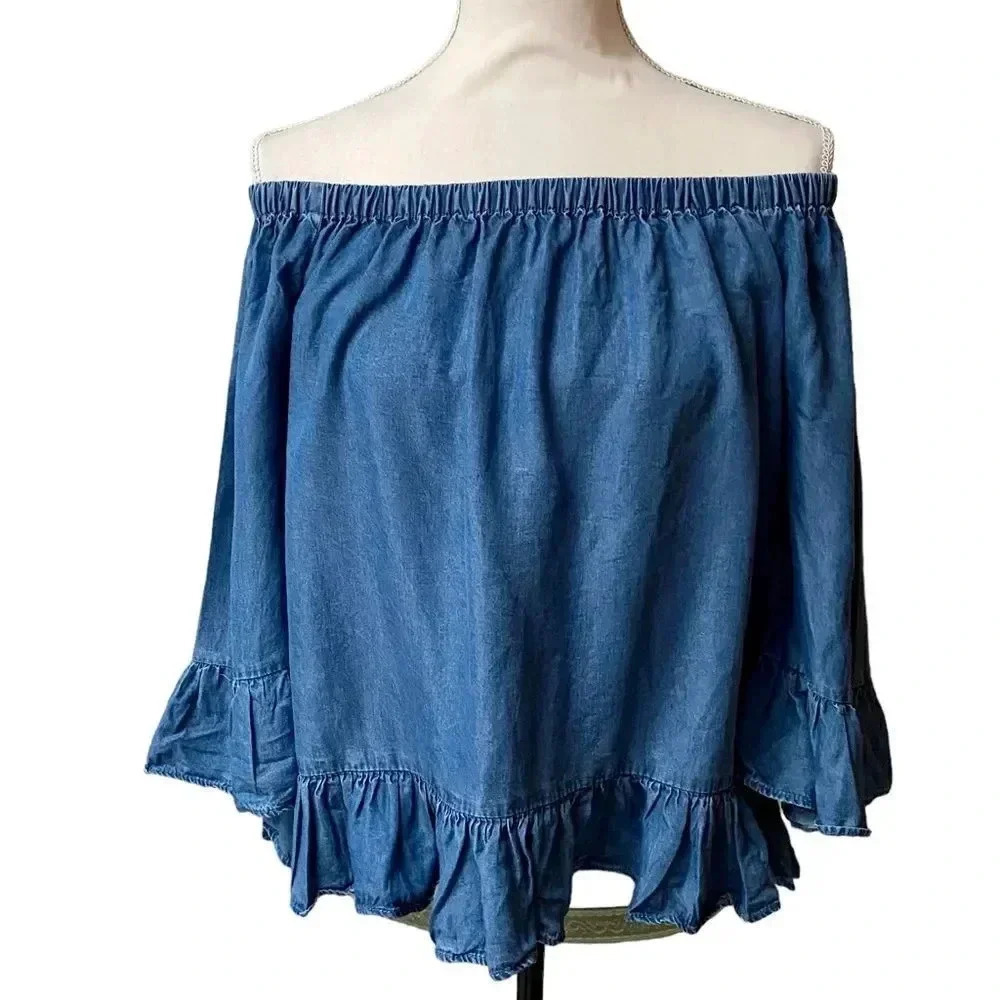 Jane & Delancey Chambray Off Shoulder Ruffle Top Lyocell Blouse Small